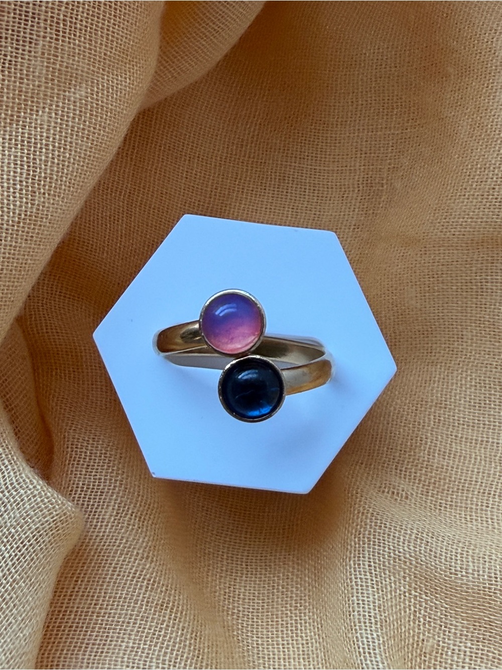 Gold-plated Open Ring with pink Opal and Sapphire Cabochons